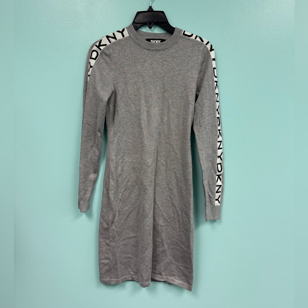 DKNY sweater dress with logo on sleeves crew neck in gray and black size xxs